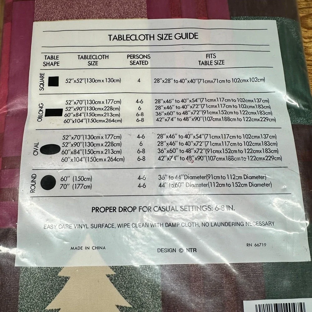 Family Home Holiday Tablecloth 52x70 Oblong Vinyl Christmas Tree Plaid Burgundy